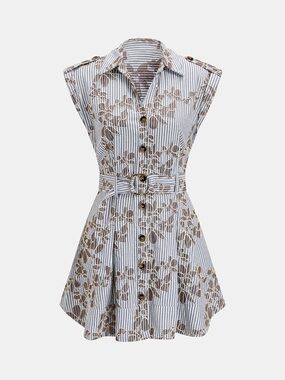 Commense Sleeveless Striped Floral Belted Mini Dress - Brown/White